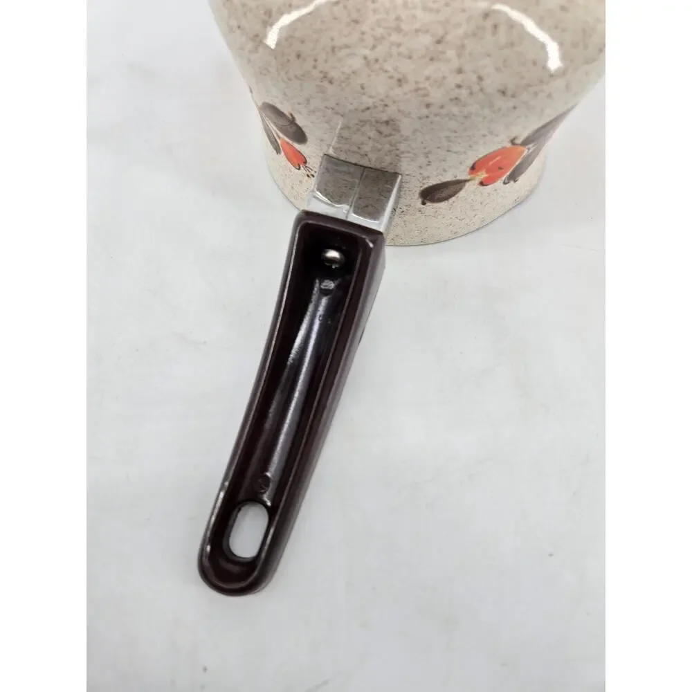 MCM Orange Flower Sanko Ware Pouring Sauce Pan Show Pans Enamel Cookware 1970s